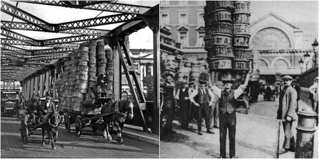 Amazing Photo of Shoppers at London’s Covent Garden Market with Towers of Baskets Stacked on Top_top1