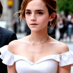 Effortless Elegance: Emma Watson Flaunts Collarbones in Chic Off-the-Shoulder White Shirt 👚✨