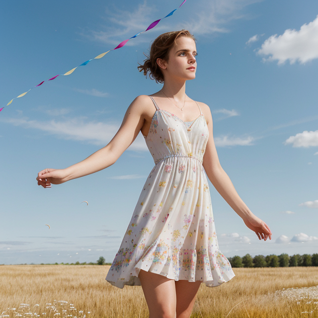 Emma Watson flies a kite alone in a reed meadow in a bright multicolored floral dress