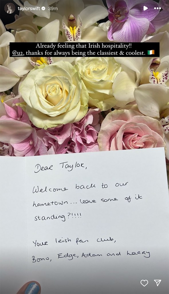 U2 sends Taylor Swift flowers ahead of her Dublin Eras Tour shows: ‘Already feeling that Irish hospitality’.. – News