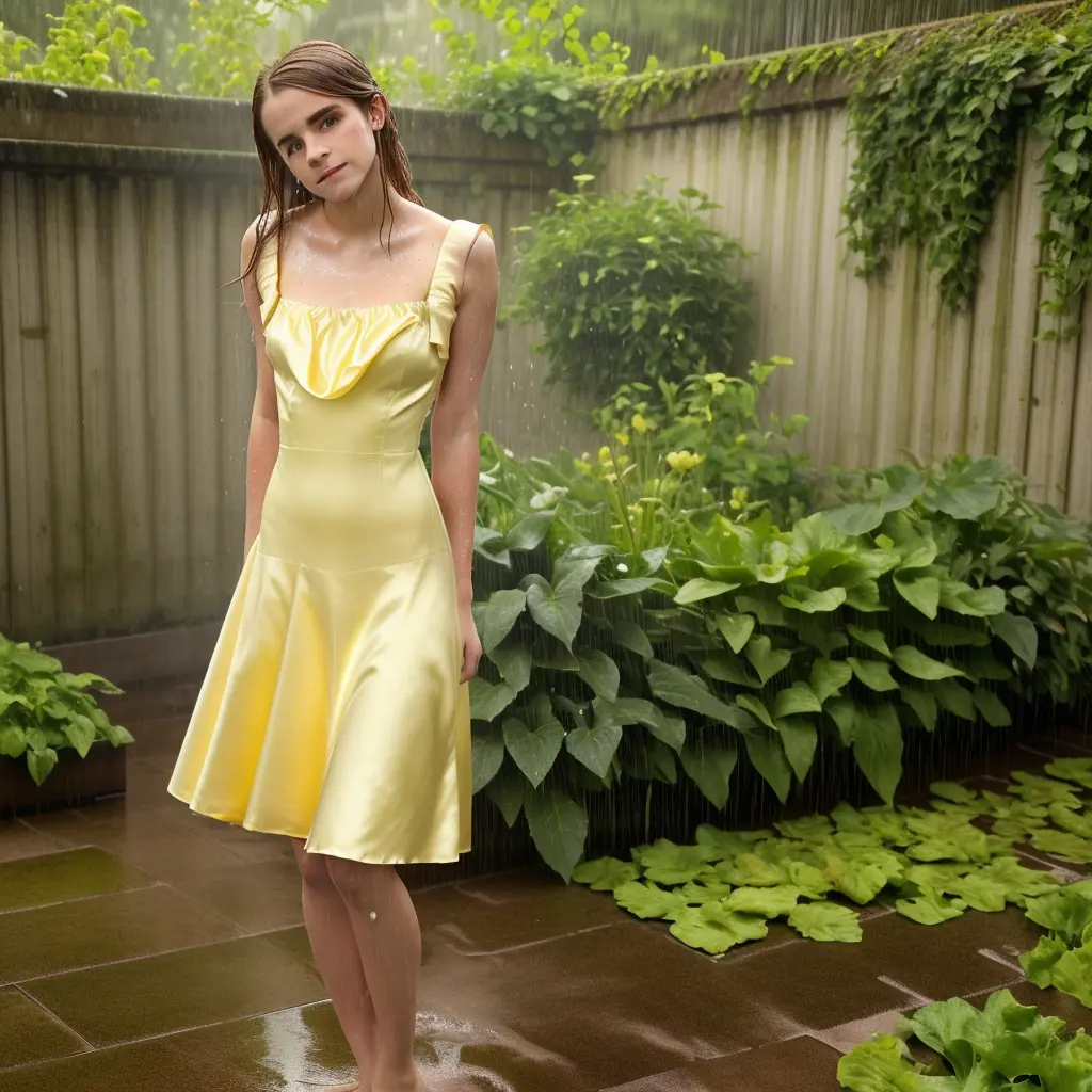 Emma Watson’s Rain-Kissed Elegance: A Radiant Vision in Light Yellow Silk Amidst the Garden Shower