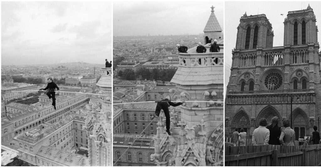 Incredible Photographs Captured Philippe Petit Walking on a Wire Between the Two Towers of Notre-Dame Cathedral in 1971